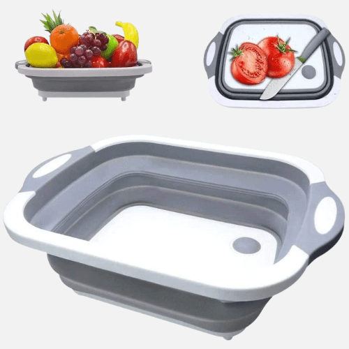 4-1 Collapsible Cutting Board, Drain Colander, Washbasin: White Grey