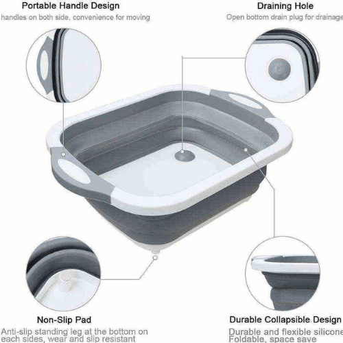 4-1 Collapsible Cutting Board, Drain Colander, Washbasin: White Grey
