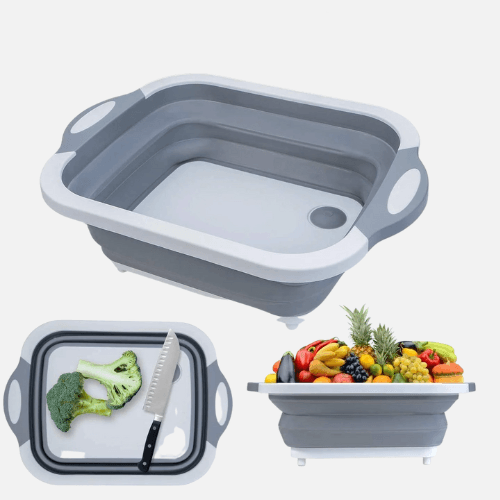 4-1 Collapsible Cutting Board, Drain Colander, Washbasin: White Grey