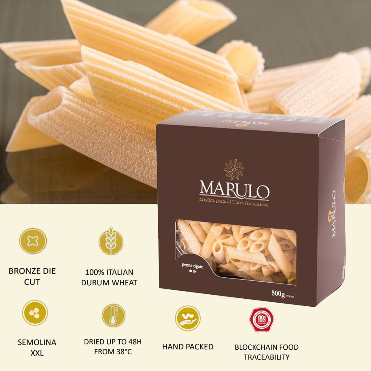 Marulo Penne Rigate Homemade Artisan Pasta: 1 lb (500 g)