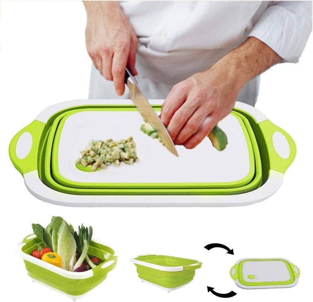 4-1 Collapsible Cutting Board, Drain Colander, Washbasin: White Grey