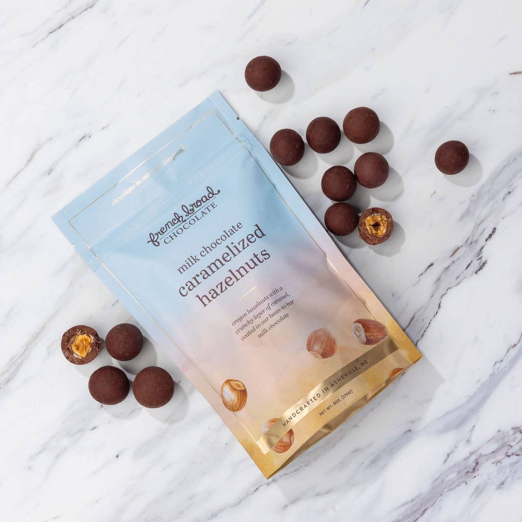 French Broad Chocolate - Milk Chocolate-Covered Caramelized Hazelnuts - 6oz