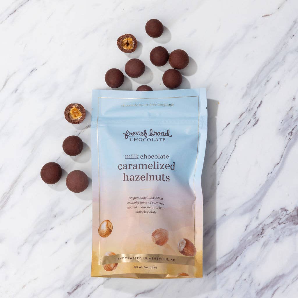 French Broad Chocolate - Milk Chocolate-Covered Caramelized Hazelnuts - 6oz