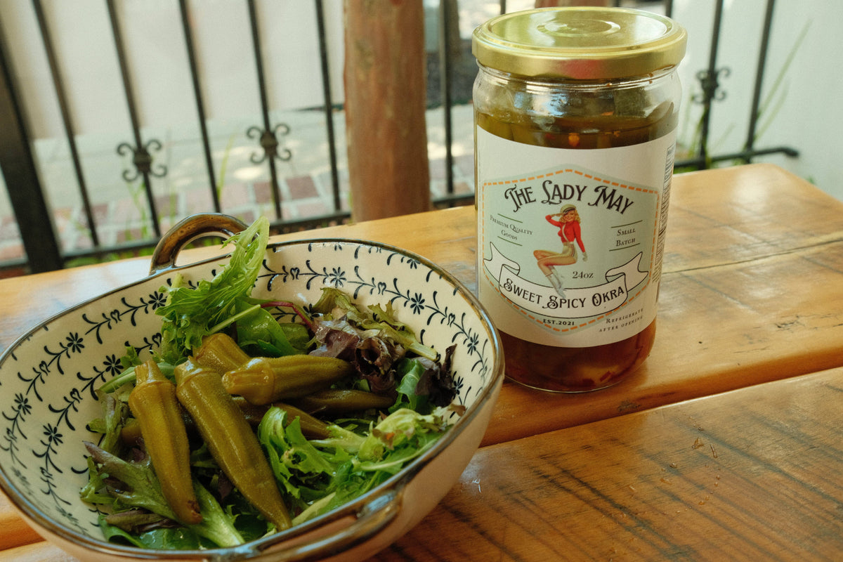 May's Market @ TLM - Sweet & Spicy Pickled Okra - Southern Style | Small Batch Restaurant Made | Lady May - 24oz