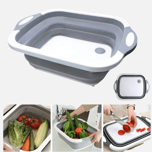 4-1 Collapsible Cutting Board, Drain Colander, Washbasin: White Grey