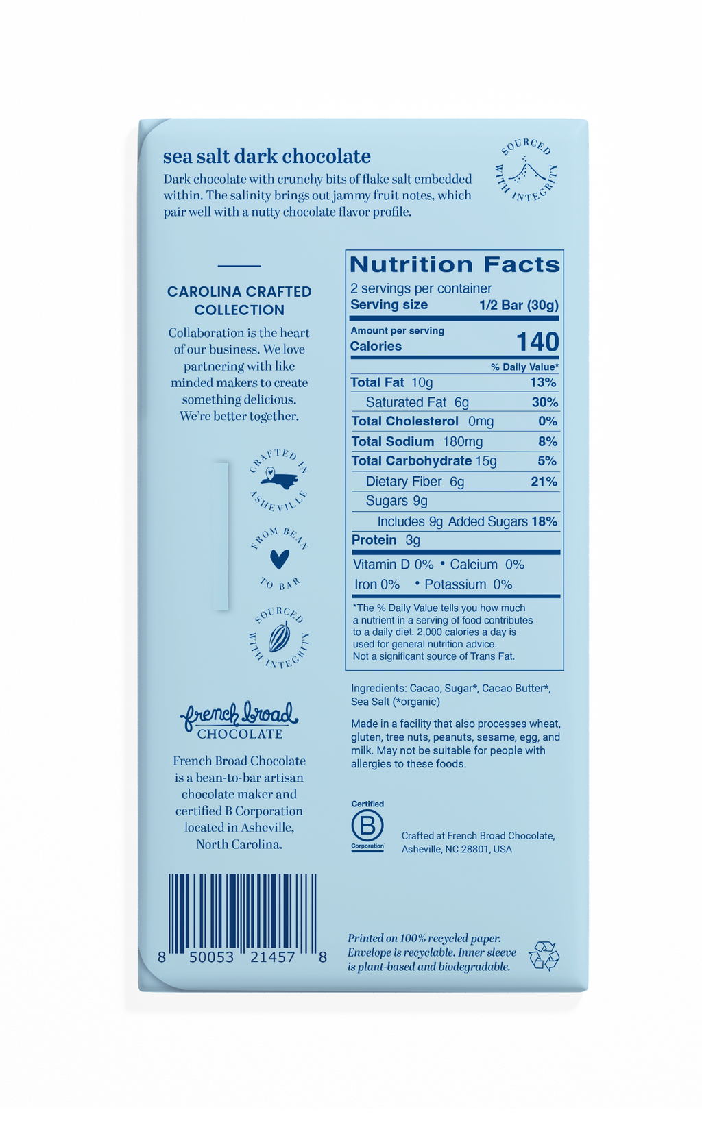 French Broad Chocolate - Sea Salt Chocolate Bar 70% - 60g