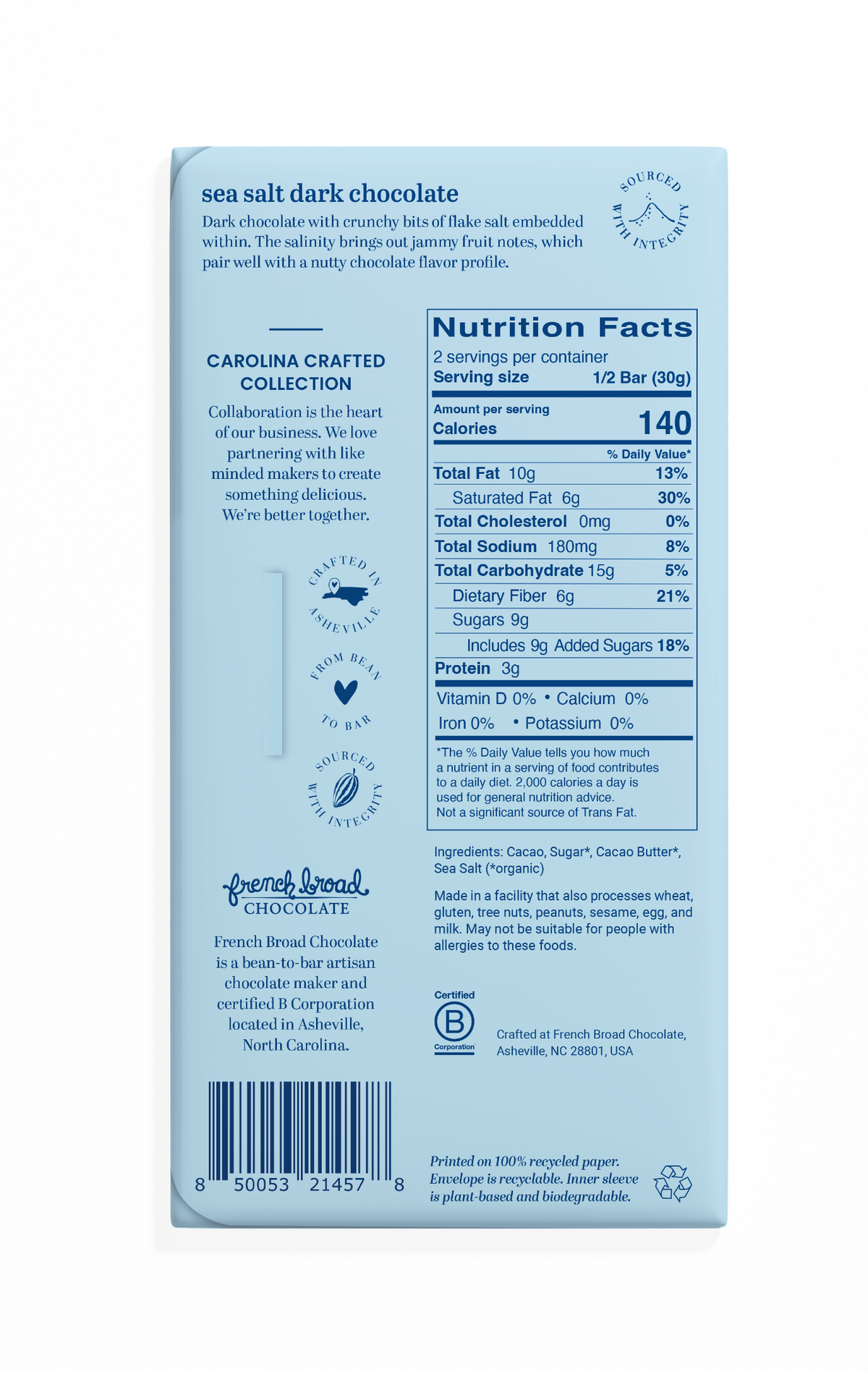 French Broad Chocolate - Sea Salt Chocolate Bar 70% - 60g