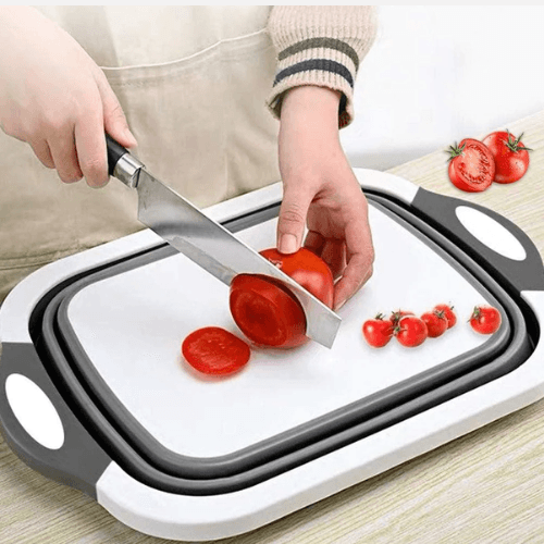 4-1 Collapsible Cutting Board, Drain Colander, Washbasin: White Grey