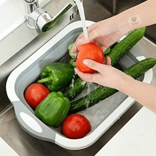 4-1 Collapsible Cutting Board, Drain Colander, Washbasin: White Grey