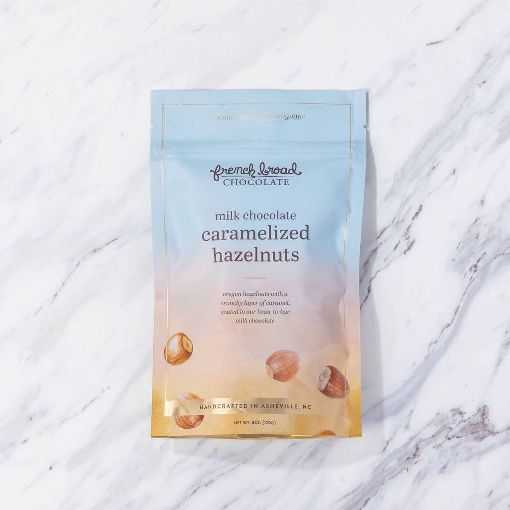 French Broad Chocolate - Milk Chocolate-Covered Caramelized Hazelnuts - 6oz