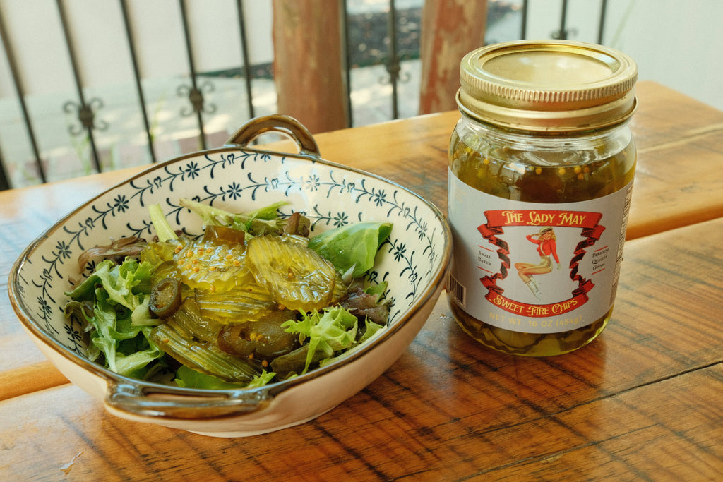 May's Market @ TLM - Sweet Fire Pickle Slices - Sweet & Spicy Chips | Small Batch Restaurant Made | Lady May - 16oz