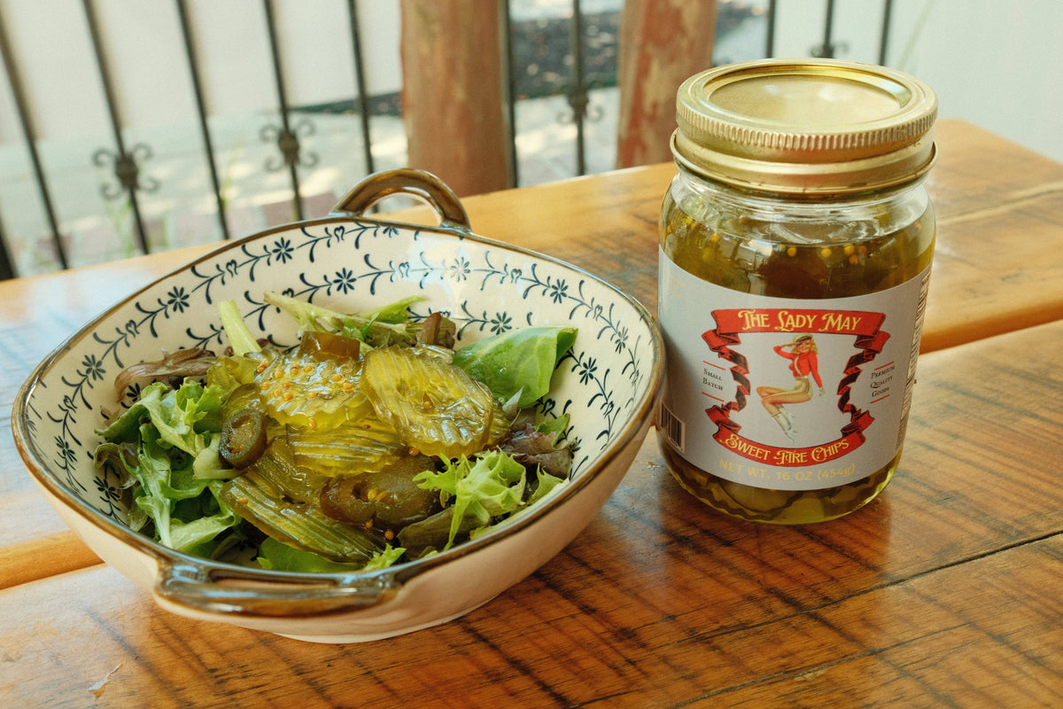May's Market @ TLM - Sweet Fire Pickle Slices - Sweet & Spicy Chips | Small Batch Restaurant Made | Lady May - 16oz