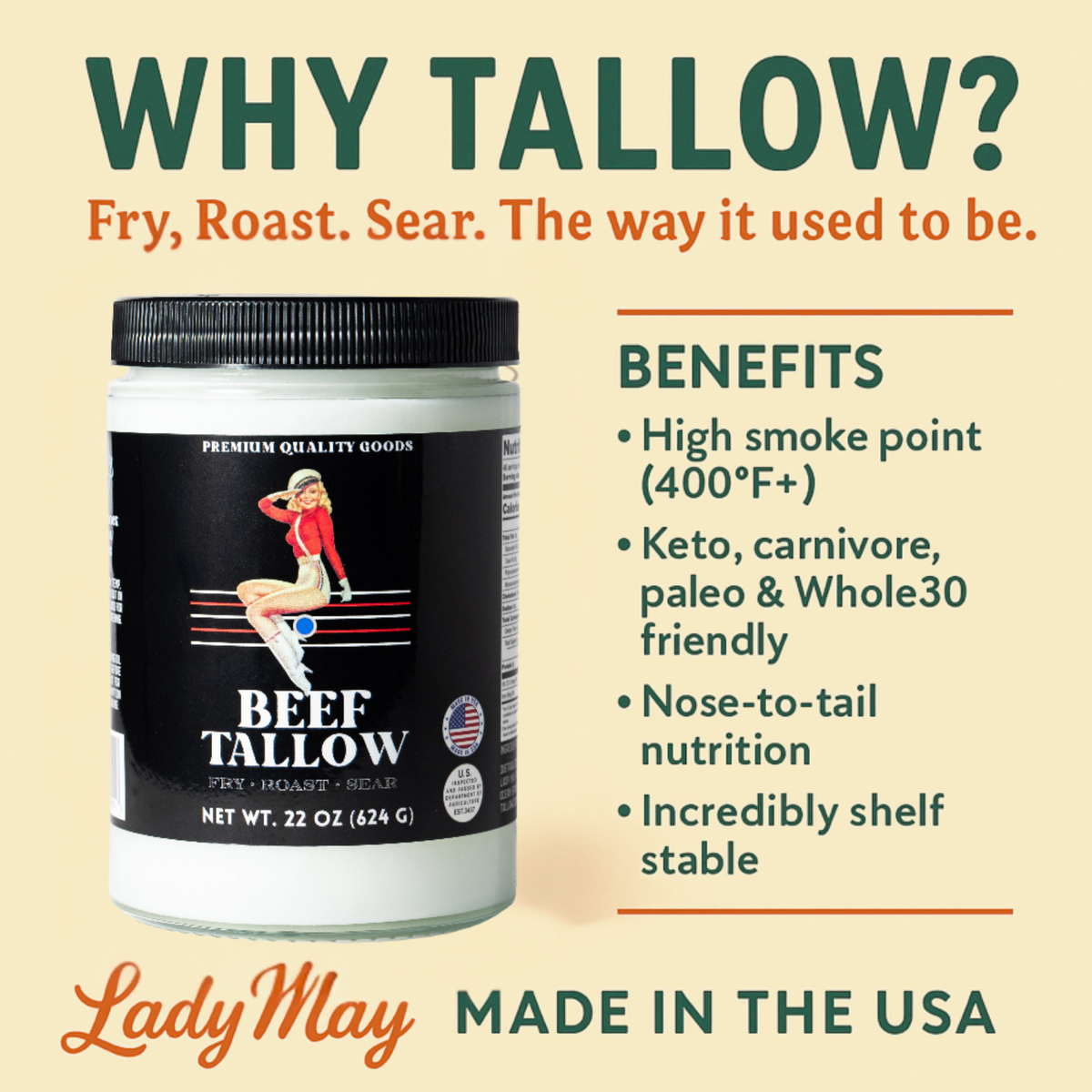 May's Market @ TLM - Premium Grass-Fed Beef Tallow Cooking Oil - Flavor: Original